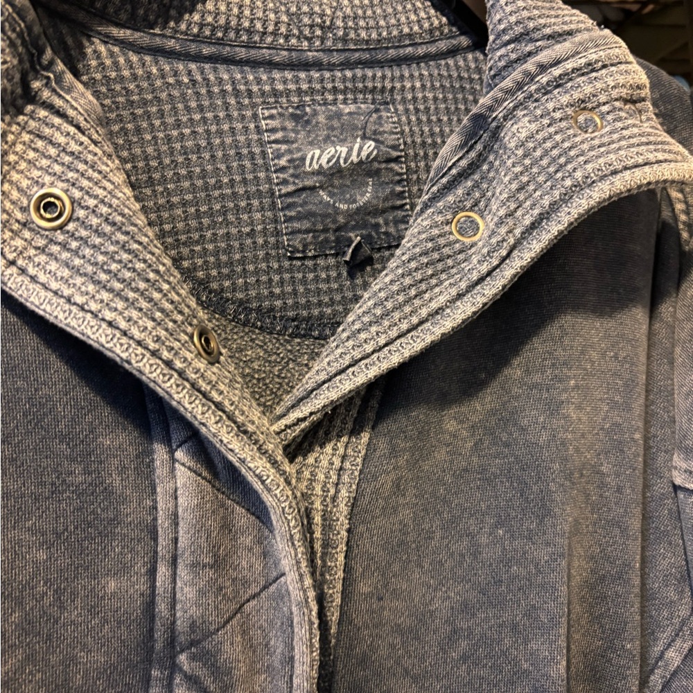 aerie Washed Blue Hooded Pullover with Snap Details